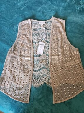 Chico's Beaded Lace-Back Open Vest — Light Beige Sequin